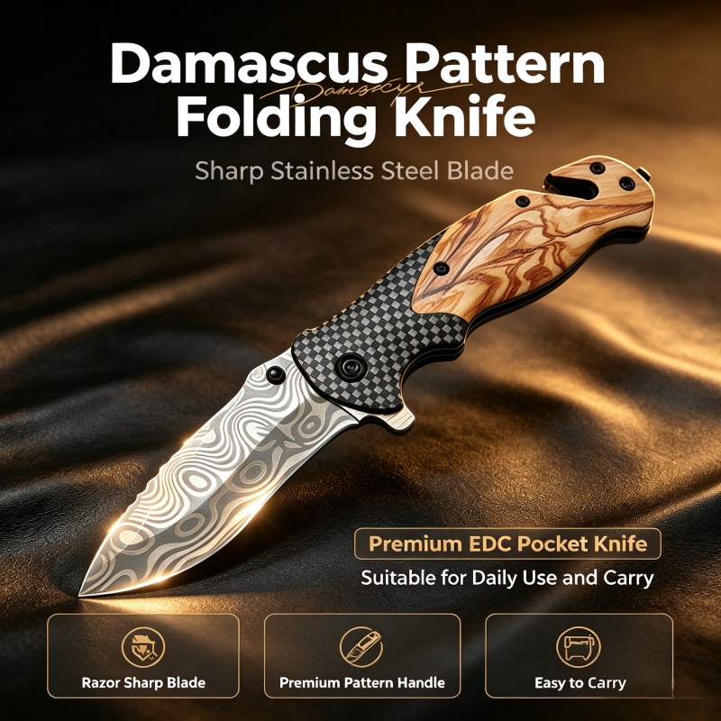 Edc Carry Pocket Knife - Faca Dobrável com Padrão Damasco, Lâmina